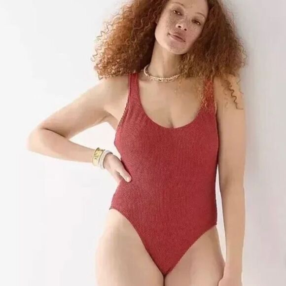 NWT J. Crew Scrunchie Classic Scoop Neck Swimsuit Seersucker Rust Red Size 22 - Picture 1 of 9